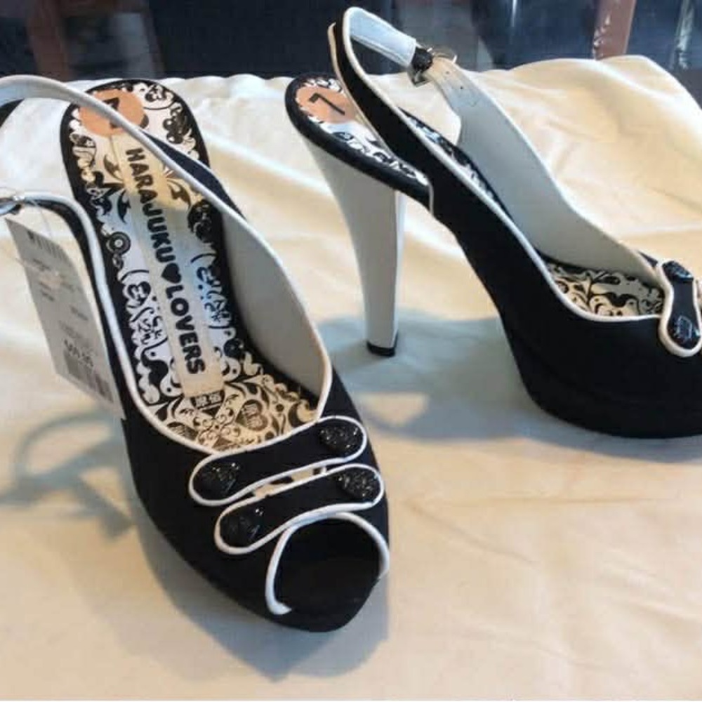 Harajuku Lovers Black and White Peep-Toe Slingback Heels with Decorative Straps